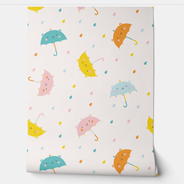 Cute Umbrellas and raindrops cream Wallpaper (Unrolling)