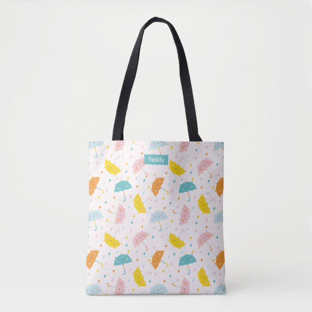 Cute Umbrellas and raindrops with Name Tote (Front)