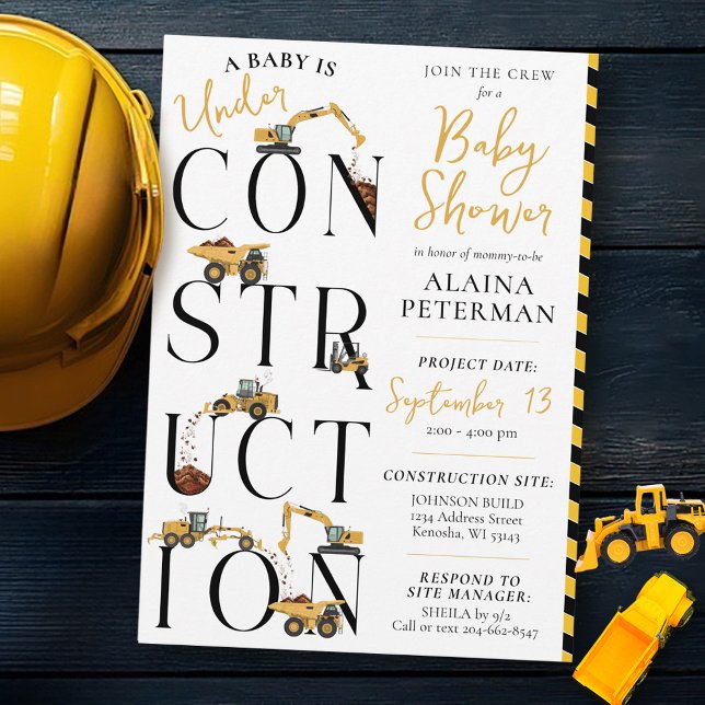 Cute Under Construction Dump Truck Baby Boy Shower Invitation (Cute under construction dirt transportation vehicles caution tape QR code baby boy shower invitation)