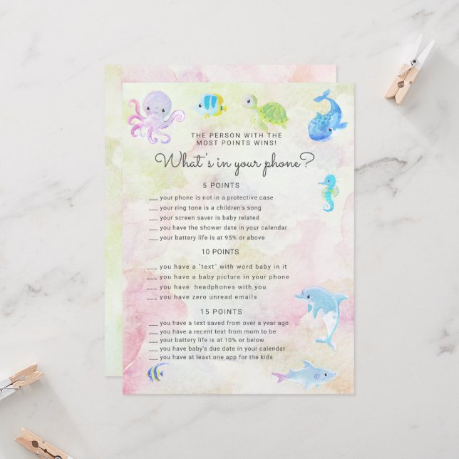 Cute Under the Sea Baby Shower Phone Game Card (Front/Back In Situ)