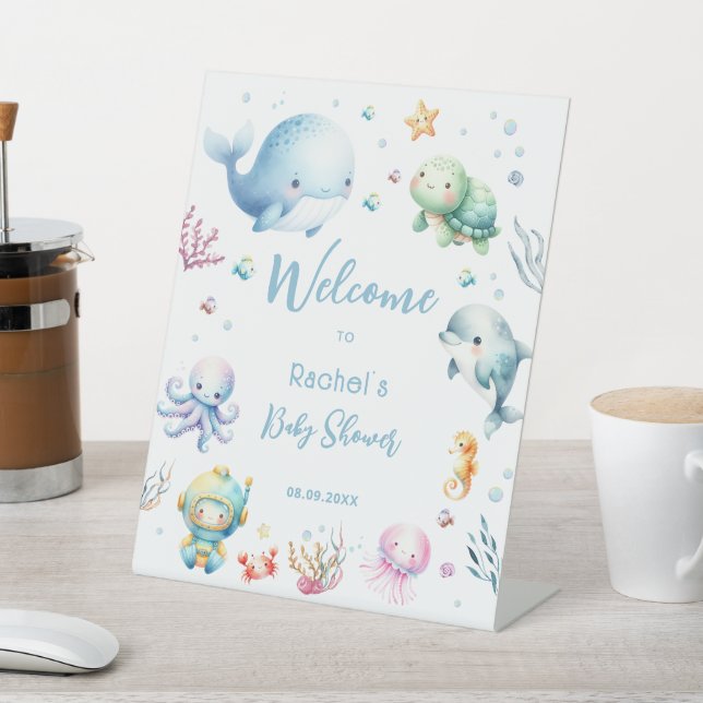 Cute Under The Sea Blue Baby Shower Welcome  Pedestal Sign (In SItu)