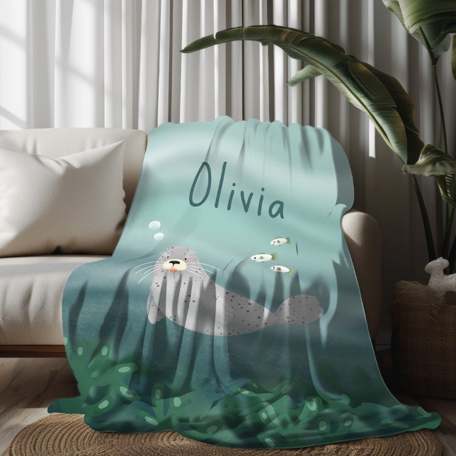 Cute Under the Sea Blue Ocean Seal Kids Fleece Blanket (Creator Uploaded)