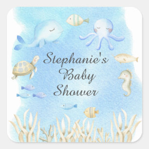Cute Under the Sea Boys Baby Shower Favour Square Sticker