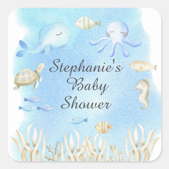 Cute Under the Sea Boys Baby Shower Favour Square Sticker (Front)