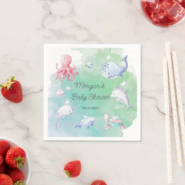 Cute Under the Sea Creatures Baby Shower Monogram  Napkin (Insitu)