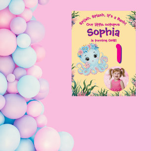 Cute Under the Sea Floral Octopus Photo Birthday Poster