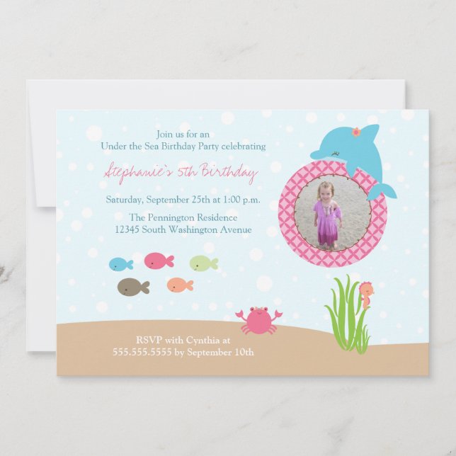 Cute under the Sea girls birthday party invitation (Front)