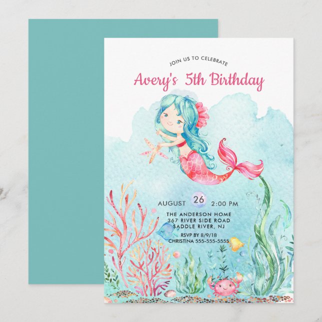Cute Under the Sea Mermaid Birthday Invitation (Front/Back)