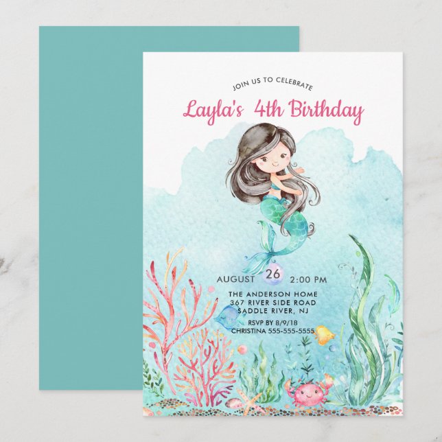 Cute Under the Sea Mermaid Birthday Invitation (Front/Back)
