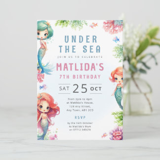 Cute Under The Sea Mermaid Birthday Party Invite