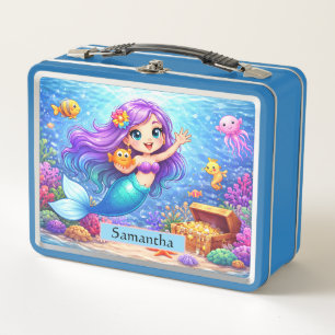 Cute Under the Sea Mermaid Kids Name Metal Lunch Box