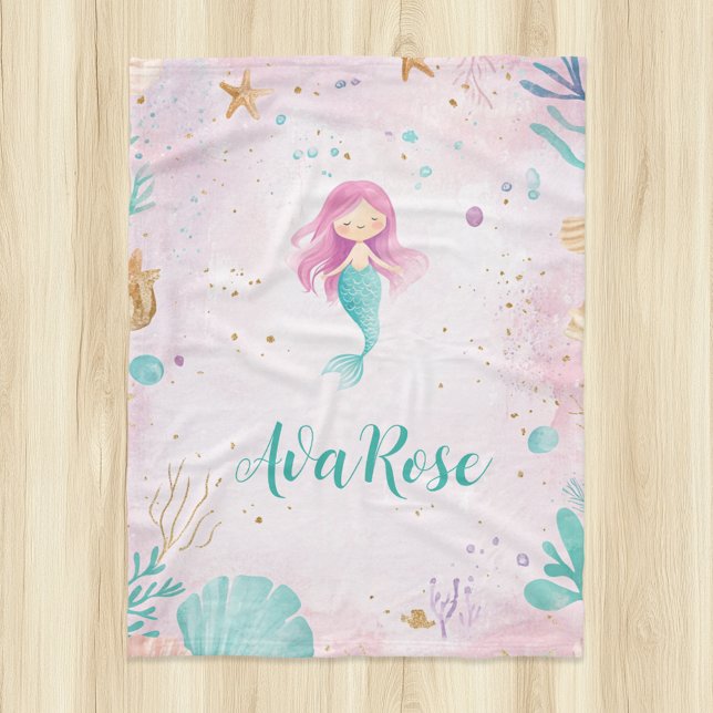 Cute Under The Sea Mermaid Personalised Girl Fleece Blanket (Creator Uploaded)
