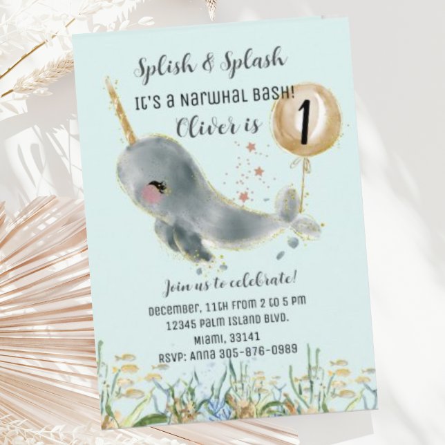 Cute Under the Sea Narwhal Birthday Invitation (Creator Uploaded)