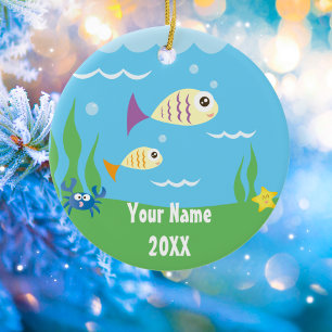 Cute Under The Sea Ocean Aquarium Add Your Name Ceramic Tree Decoration