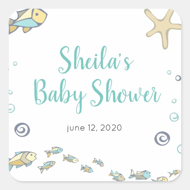 Cute Under The Sea Ocean Themed Baby Shower Square Sticker (Front)