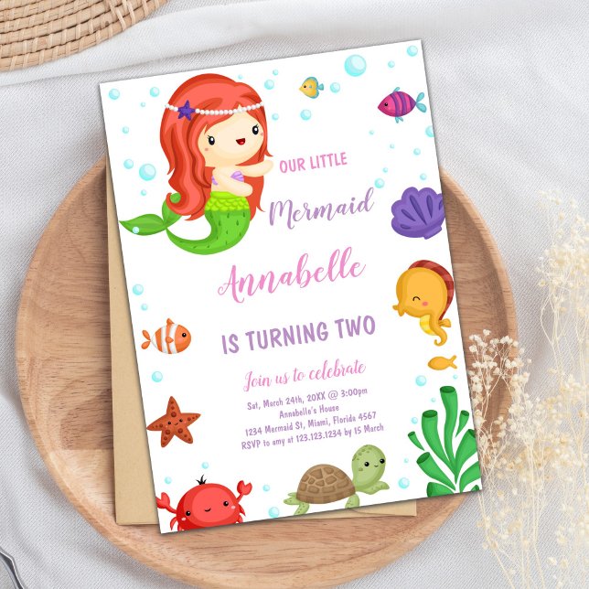 Cute Under the Sea Party Invite for Girls (Little Orange Hair Mermaid Invitations)