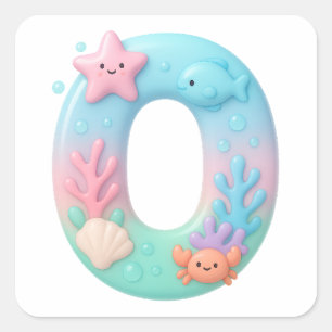 Cute Under The Sea Theme Cartoon Number 0 Square Sticker