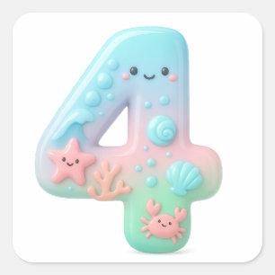 Cute Under The Sea Theme Cartoon Number 4 Square Sticker