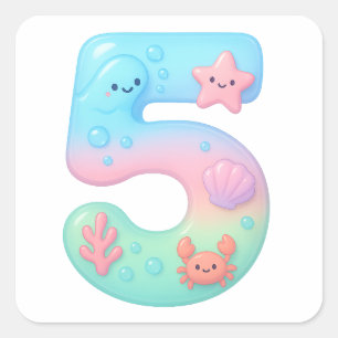 Cute Under The Sea Theme Cartoon Number 5 Square Sticker