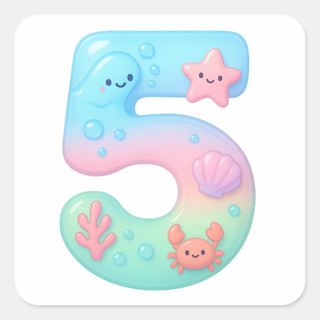 Cute Under The Sea Theme Cartoon Number 5 Square Sticker (Front)