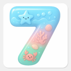 Cute Under The Sea Theme Cartoon Number 7 Square Sticker