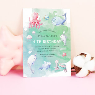 Cute Under The Sea Watercolor Birthday Invitation