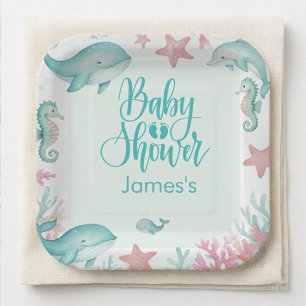 Cute Under the Sea Watercolor Ocean Baby Shower Paper Plate