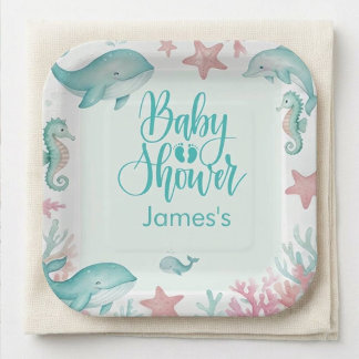 Cute Under the Sea Watercolor Ocean Baby Shower  Paper Plate