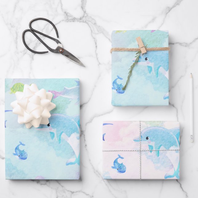 Cute Under the Sea Watercolor Wrapping Paper Sheet (Front)