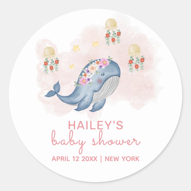 Cute Under The See Sweet Whale Floral Baby Shower Classic Round Sticker (Front)