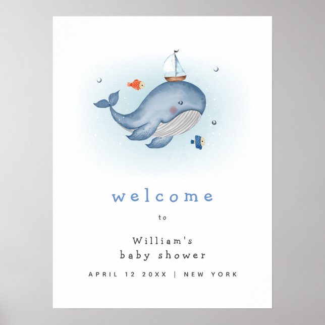Cute Under The See Whale Boat Baby Shower Welcome Poster (Front)