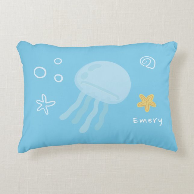 Cute Undersea Jellyfish & Seashell Personalised Decorative Cushion (Front)
