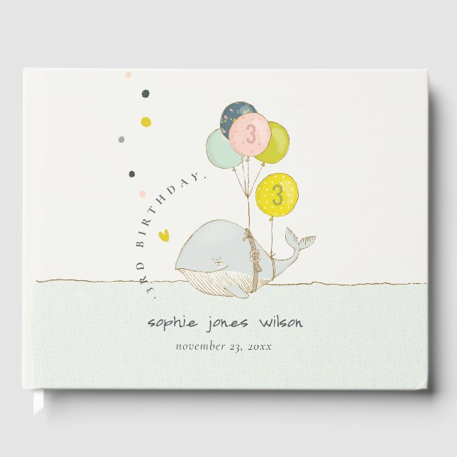 Cute Underwater Balloon Heart Whale Kids Birthday Guest Book (Front)