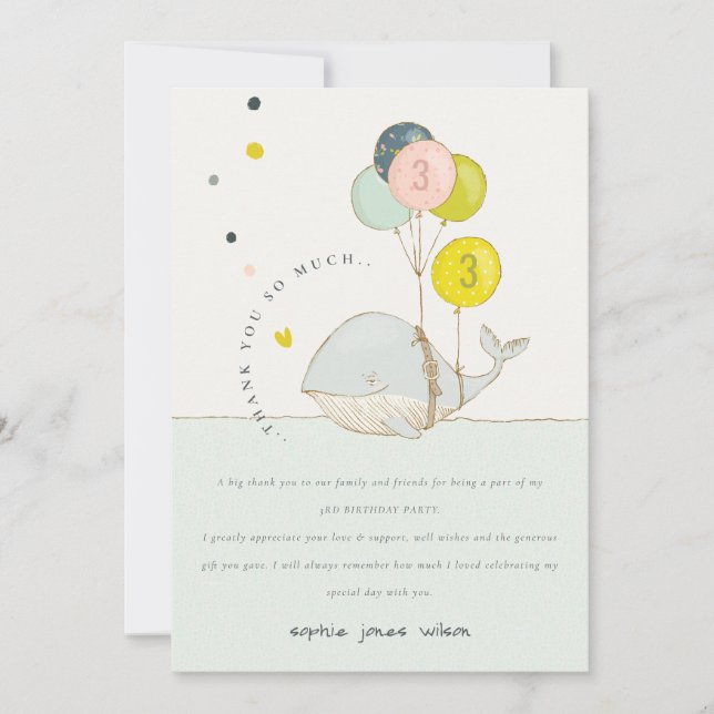 Cute Underwater Balloon Heart Whale Kids Birthday Thank You Card (Front)