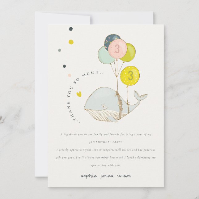 Cute Underwater Balloon Heart Whale Kids Birthday Thank You Card (Front)