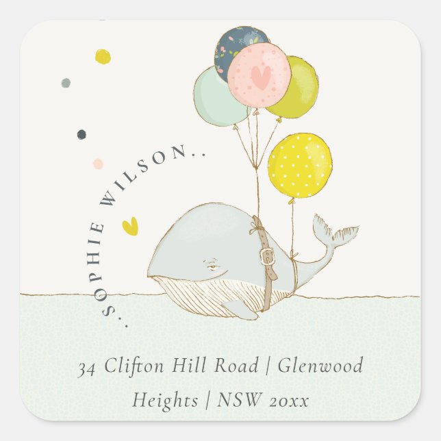 Cute Underwater Balloon Whale Heart Address Square Sticker (Front)