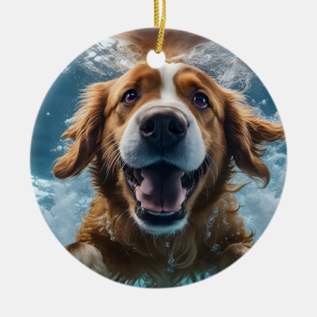 Cute Underwater Brown Dog Swimming Ornament (Front)