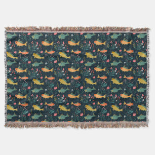 Cute Underwater Goldfish Koi Aquatic Plant Pattern Throw Blanket