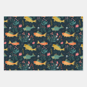 Cute Underwater Goldfish Koi Aquatic Plant Pattern Wrapping Paper Sheet