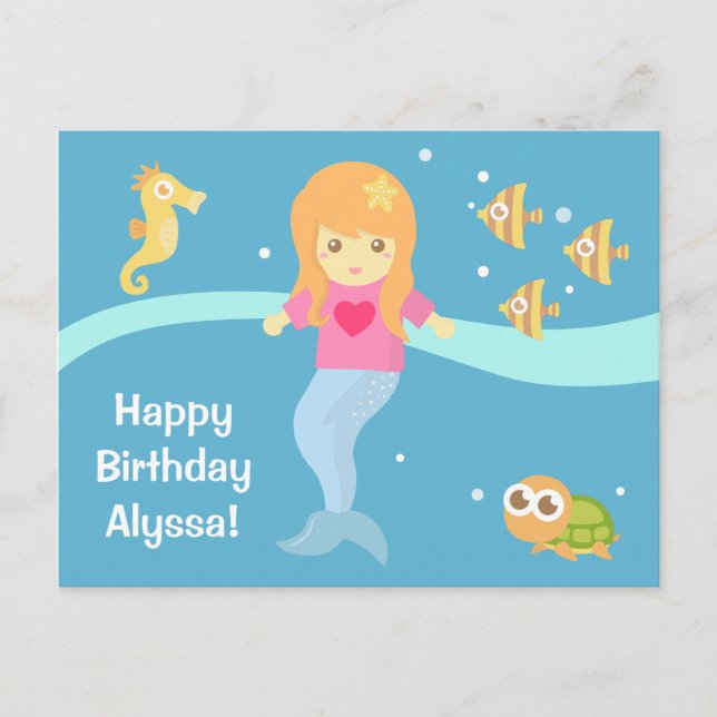 Cute Underwater Little Mermaid Happy Birthday Postcard (Front)