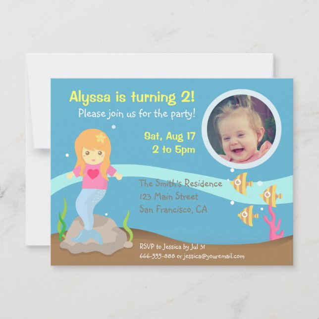 Cute Underwater Mermaid Girl Birthday Party Photo Invitation (Front)
