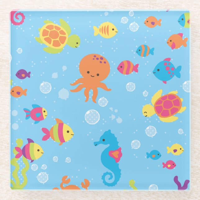 Cute Underwater Scene Glass Coaster (Front)