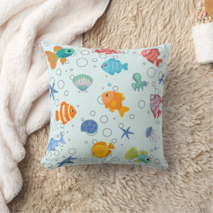 Cute Underwater Sea Life & Colourful Fish Throw Cushion