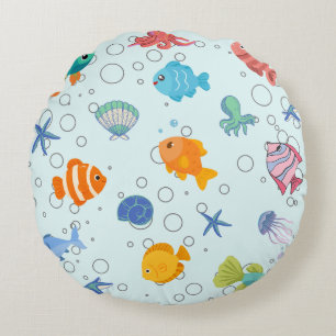 Cute Underwater Sea Life & Colourful Fish Throw  Round Cushion