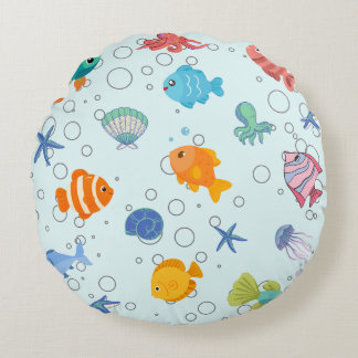 Cute Underwater Sea Life & Colourful Fish Throw  Round Cushion