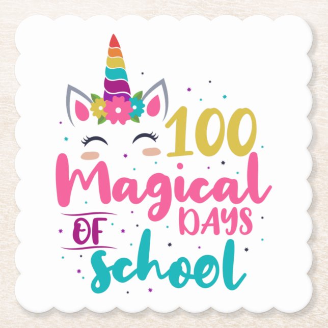Cute Unicorn 100 Magical Days Of School Paper Coaster (Front)