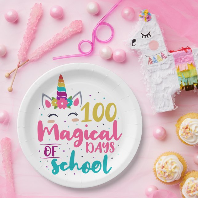 Cute Unicorn 100 Magical Days Of School Paper Plate (Party)