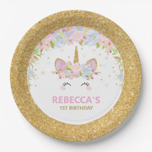 Cute Unicorn 1st Birthday Floral Gold Glitter Paper Plate