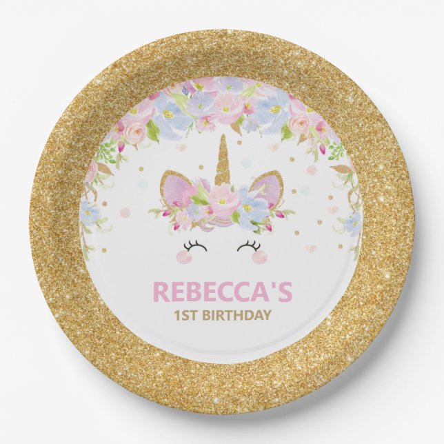 Cute Unicorn 1st Birthday Floral Gold Glitter Paper Plate (Front)