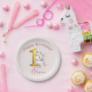 Cute Unicorn 1st Birthday with white polka dots Paper Plate